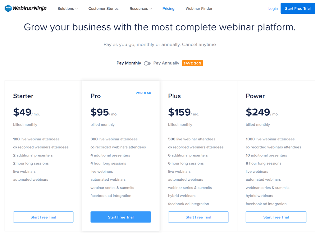 WebinarNinja Pricing Plan