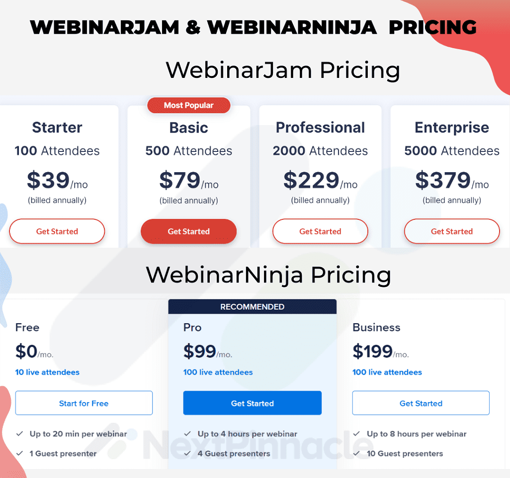 WebinarJam and WebinarNinja Pricing