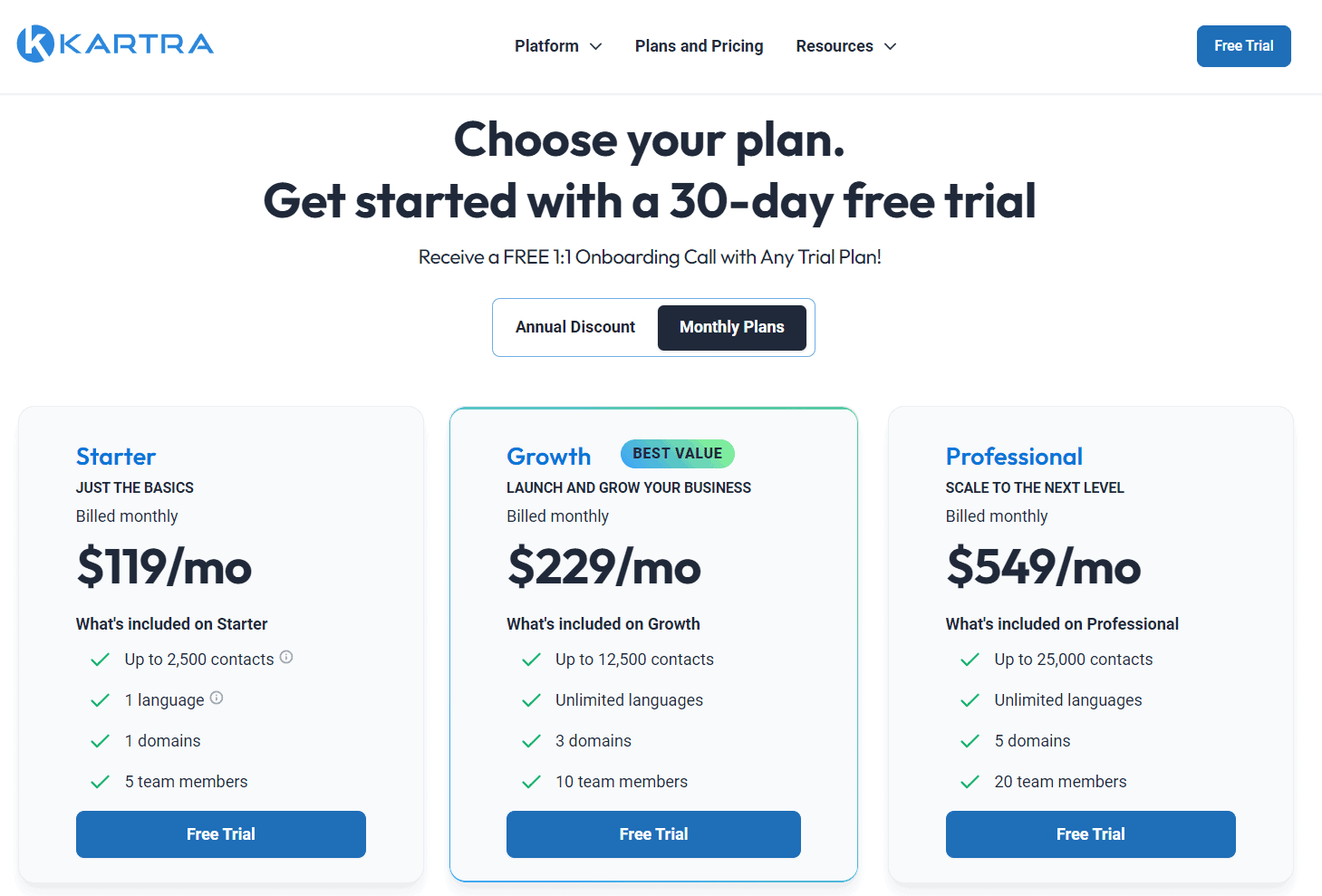 Kartra trial step 2 pricing page